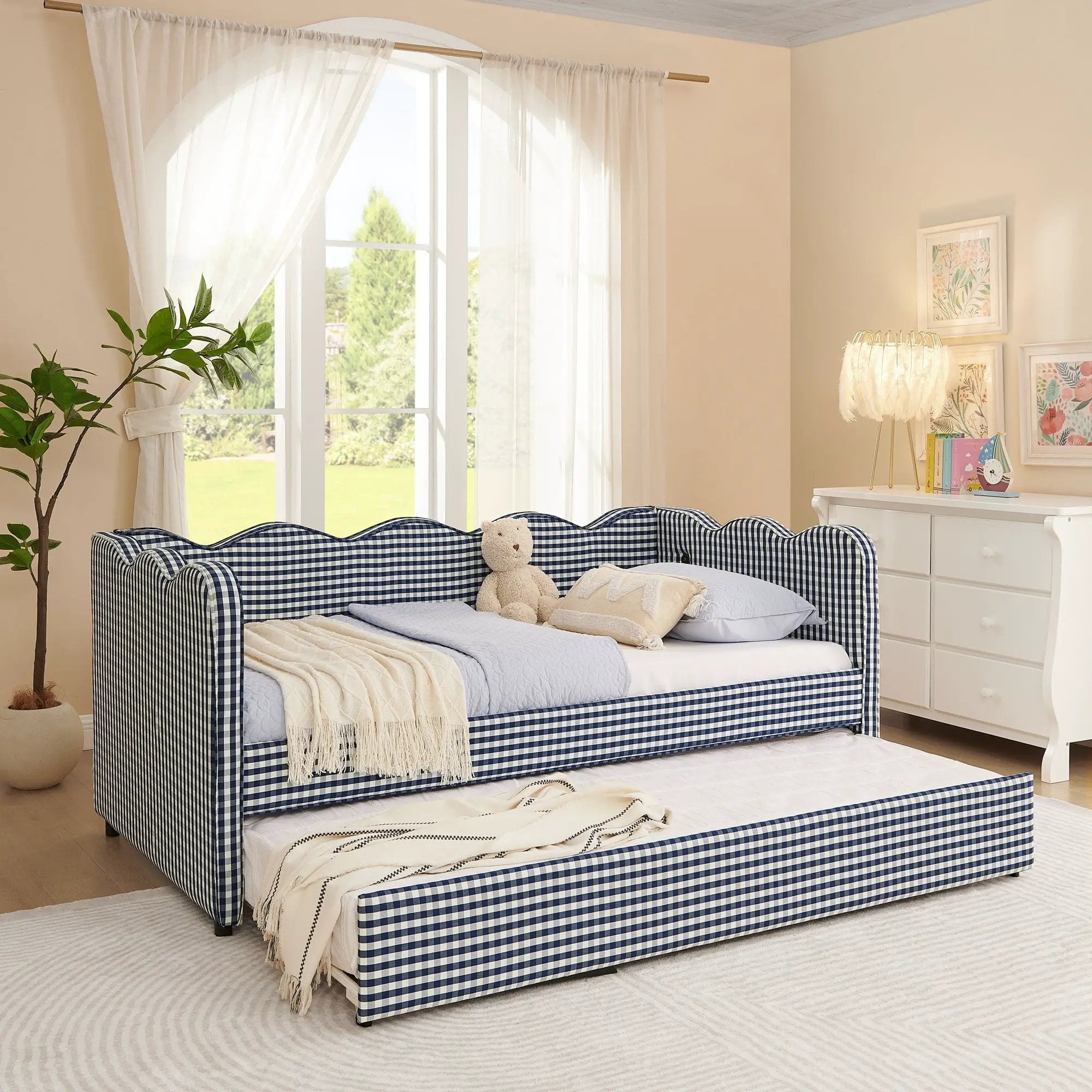 Gingham Daybed With USB Charging Port, Wave-Shaped Design by Unique Piece Furniture