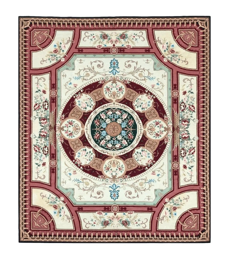 Needlepoint Rug 7.9 x 9, Beige Maroon Rose, Handmade Handwoven Flatweave Aubusson Savonnerie French European Elegant Carpet, Wool Rug by Jewel Rugs