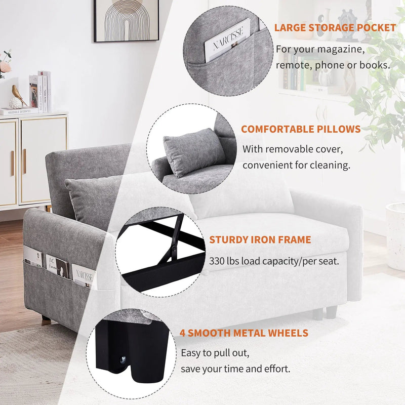 Pull Out Sleep Sofa Bed Loveseats Sofa Couch With Adjsutable Backrest, Storage Pockets, 2 Soft Pillows, USB Ports For Living Room, Bedroom, Apartment, Office by Unique Piece Furniture