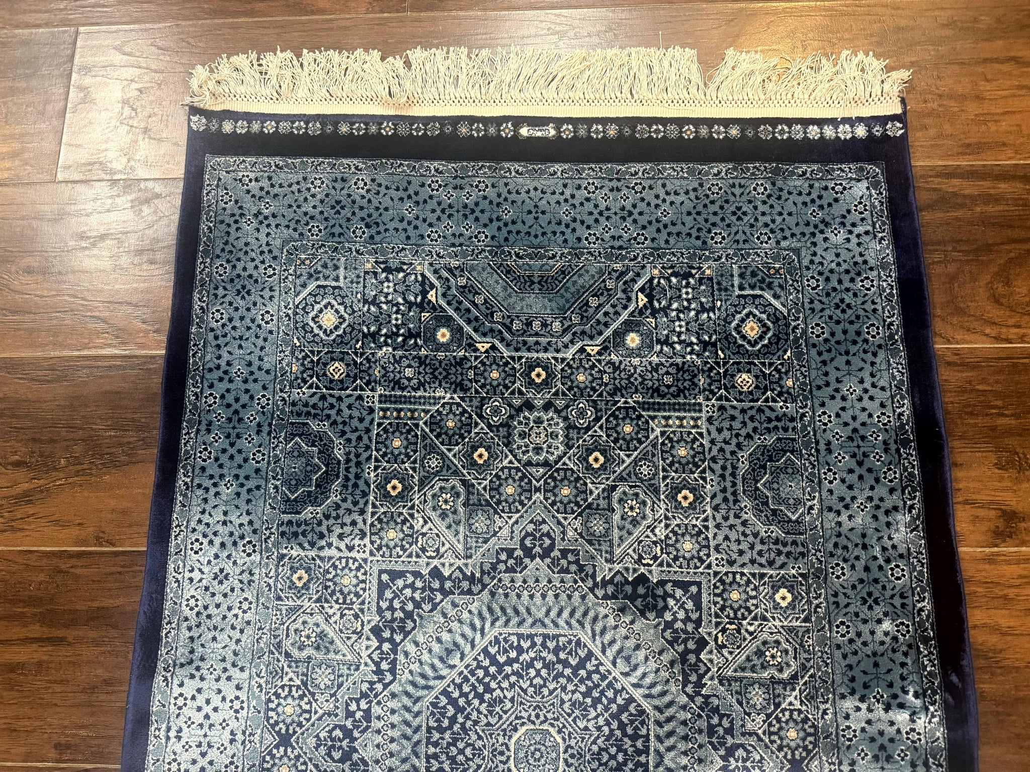 Blue Turkish Silk Hereke Rug 2.6 x 4, Mamluk Red, Blue, Bamboo Silk by Jewel Rugs