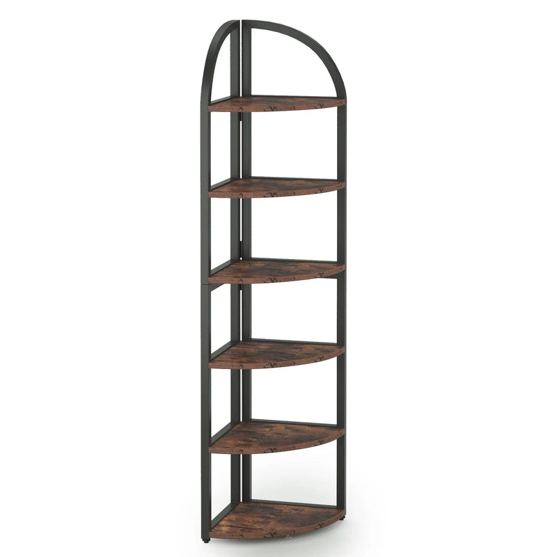 Tall 6 Tier Corner Shelf, Freestanding Bookshelf For Living Room - Rustic Brown by HouseOfZazla