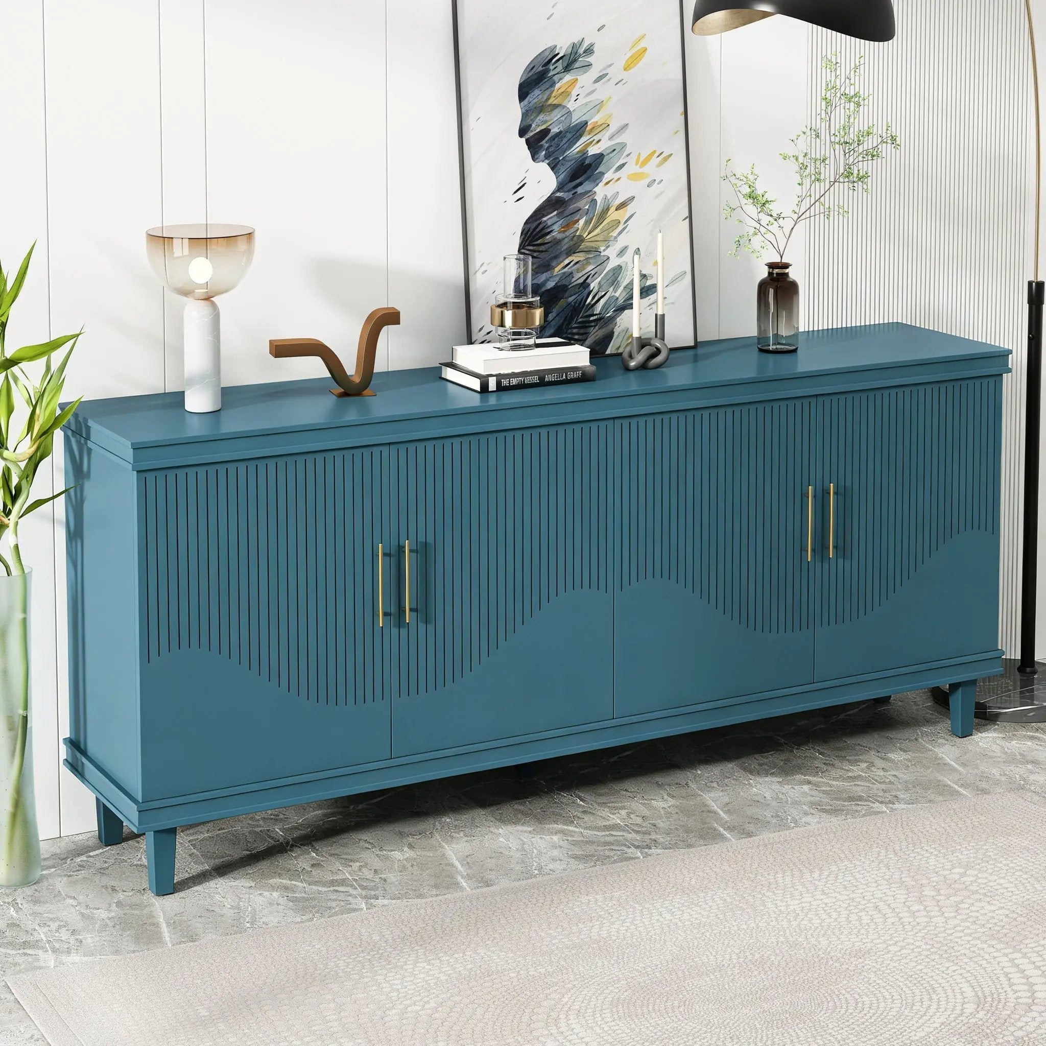 4 Door Cabinet, Large Storage For Living Room - Blue by Unique Piece Furniture