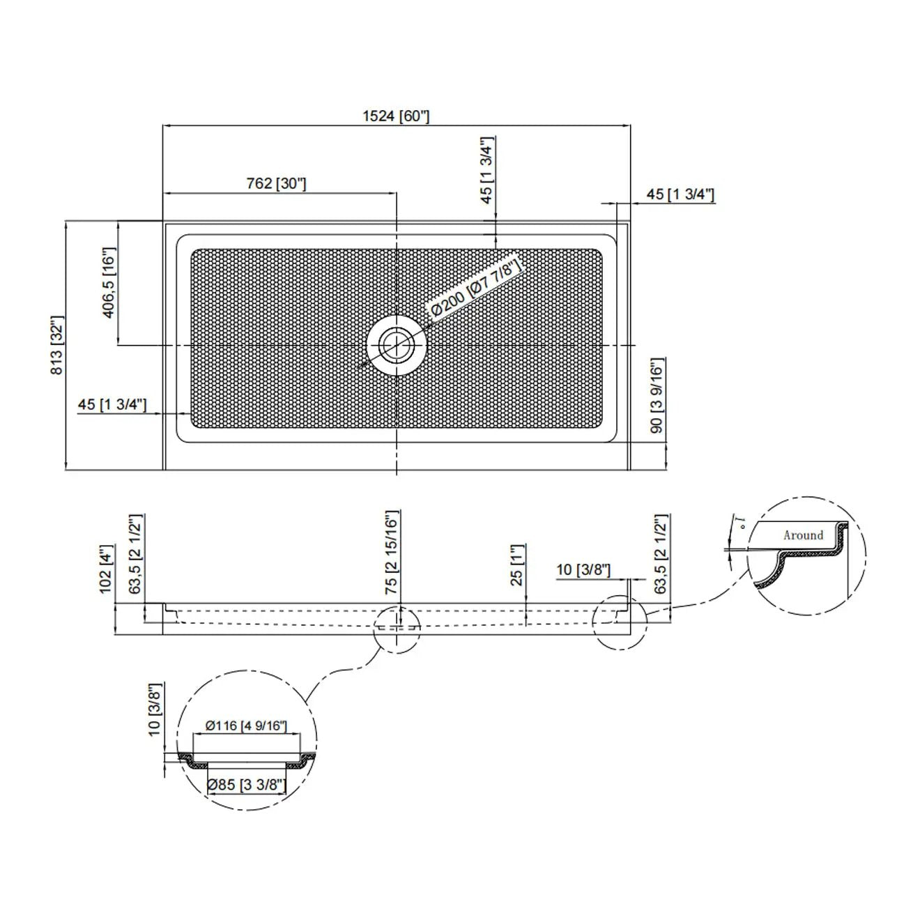 60" x 32" Shower Base, Central Drain Single Threshold by HouseOfZazla