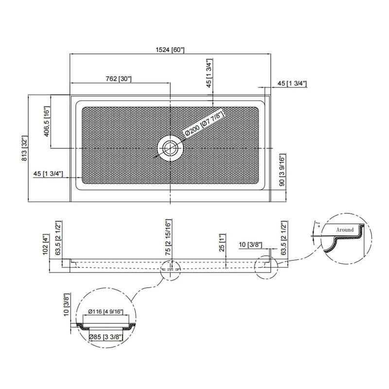 60" x 32" Shower Base, Central Drain Single Threshold by HouseOfZazla