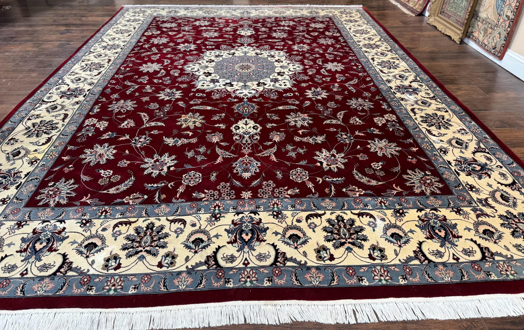 Pak Persian Rug 9x12, Maroon and Ivory, Wool Handmade Vintage by Jewel Rugs