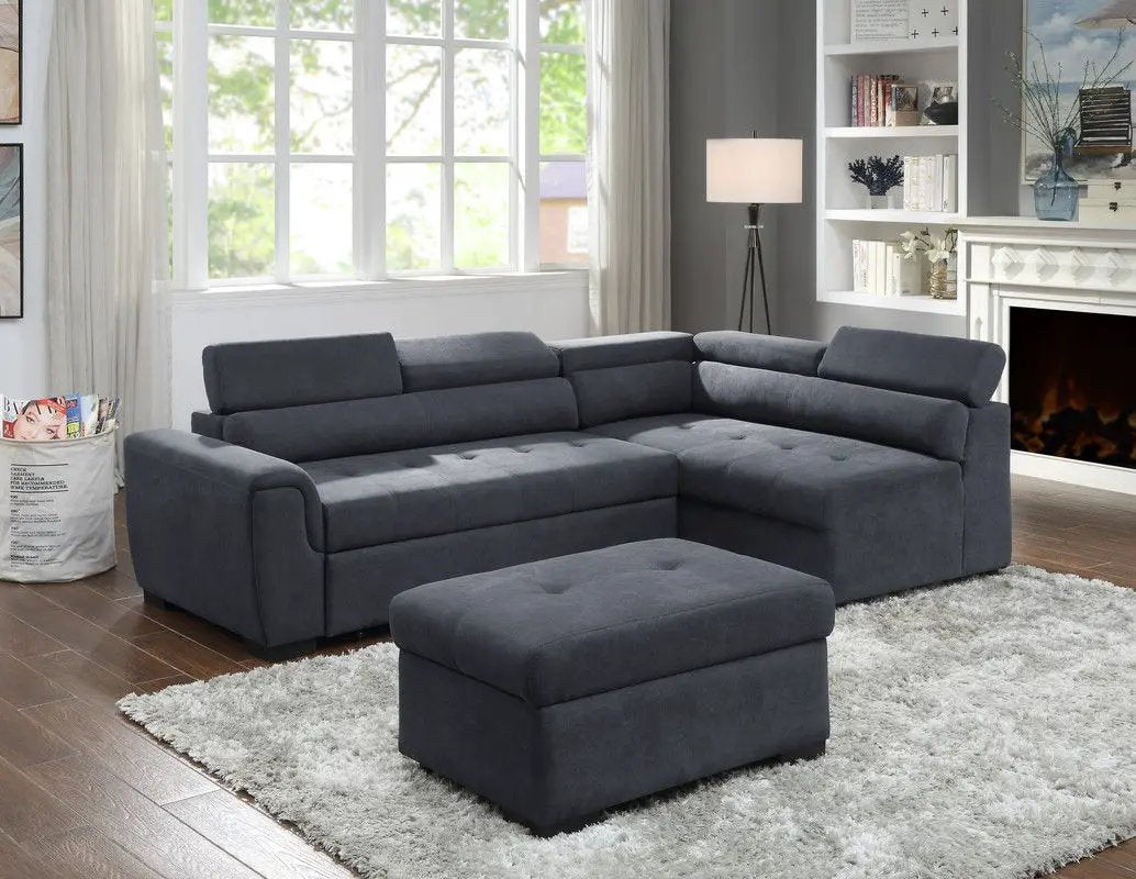 Haris - Sleeper Sofa Sectional With Adjustable Headrest And Storage Ottoman - Dark Gray by HouseOfZazla