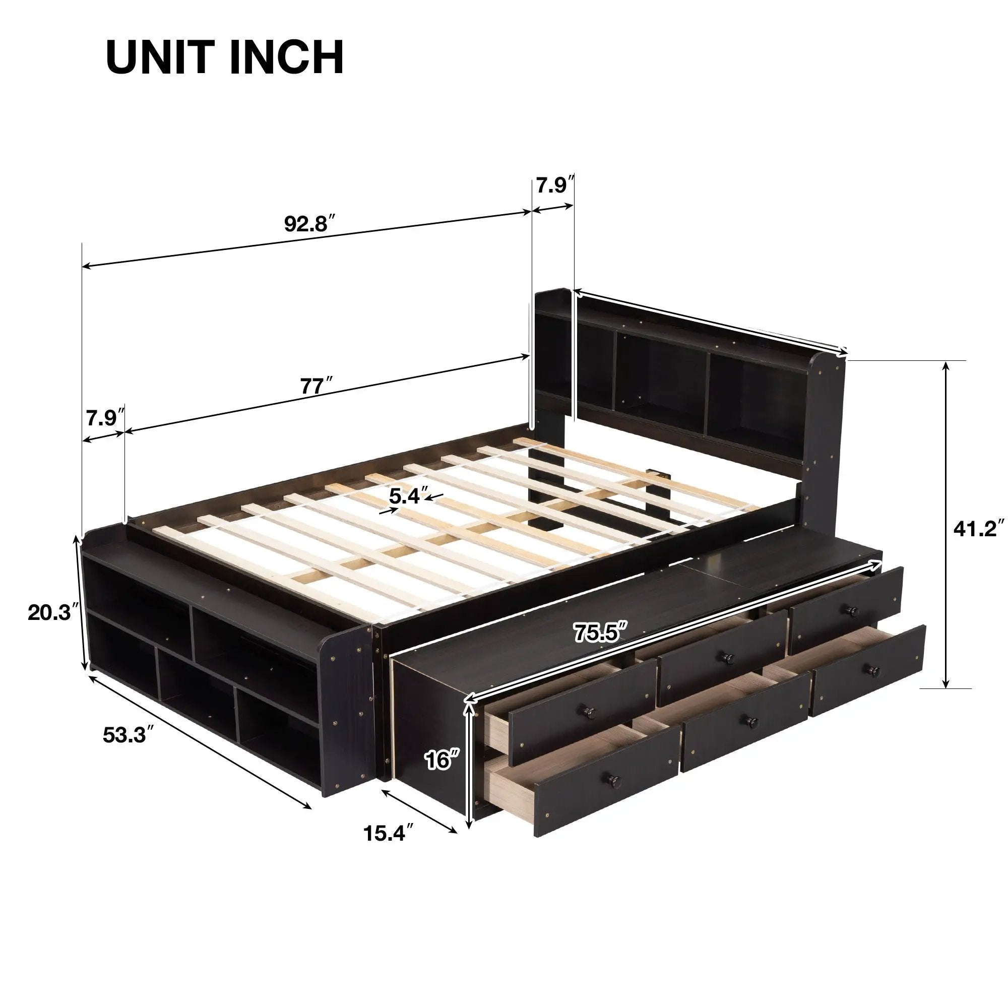 Bed With Bookcase Headboard, Under Bed Storage Drawers And Bed End Storage Case by HouseOfZazla