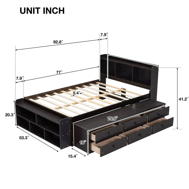 Bed With Bookcase Headboard, Under Bed Storage Drawers And Bed End Storage Case by HouseOfZazla