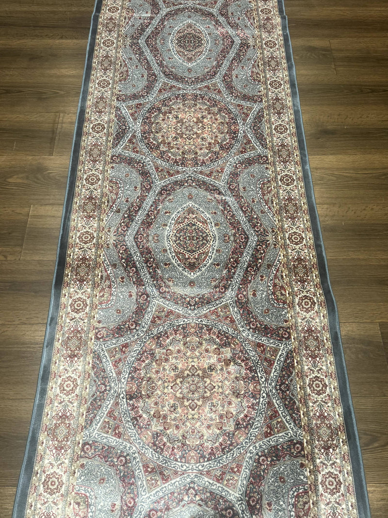 Turkish Silk Runner Rug 2.6 x 13, Blue Runner Rug, Dome Design, Bamboo Silk, New by Jewel Rugs