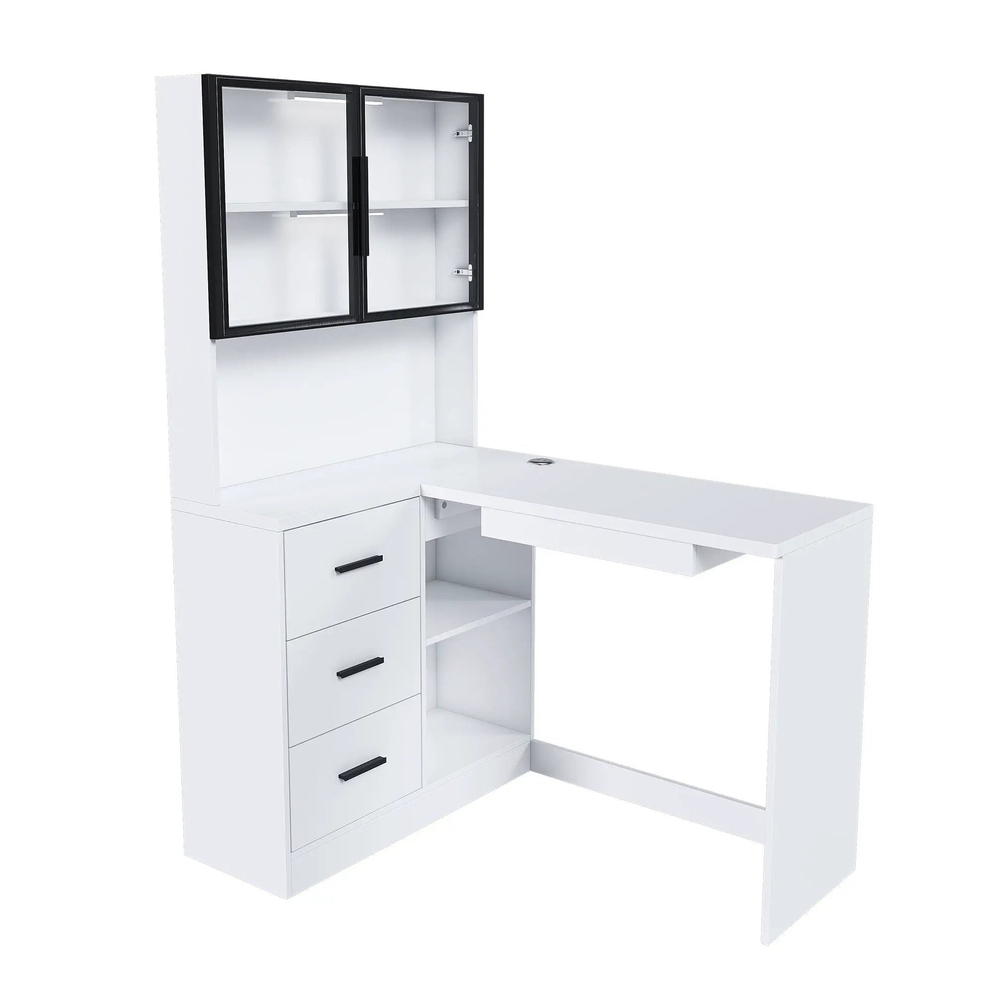 L-Shaped Computer Desk With Glass Cabinets, Built In LED Lights, USB Charging Ports by Unique Piece Furniture