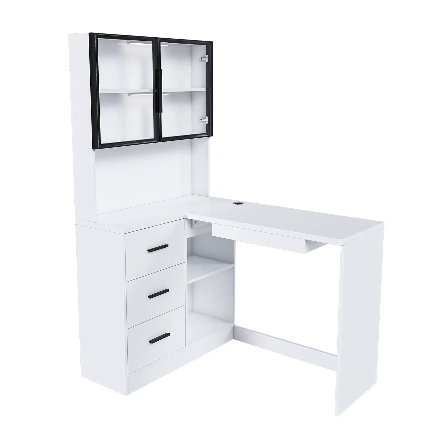 L-Shaped Computer Desk with Glass Cabinets, Built-In LED Lights, and USB Charging Ports by HouseOfZazla