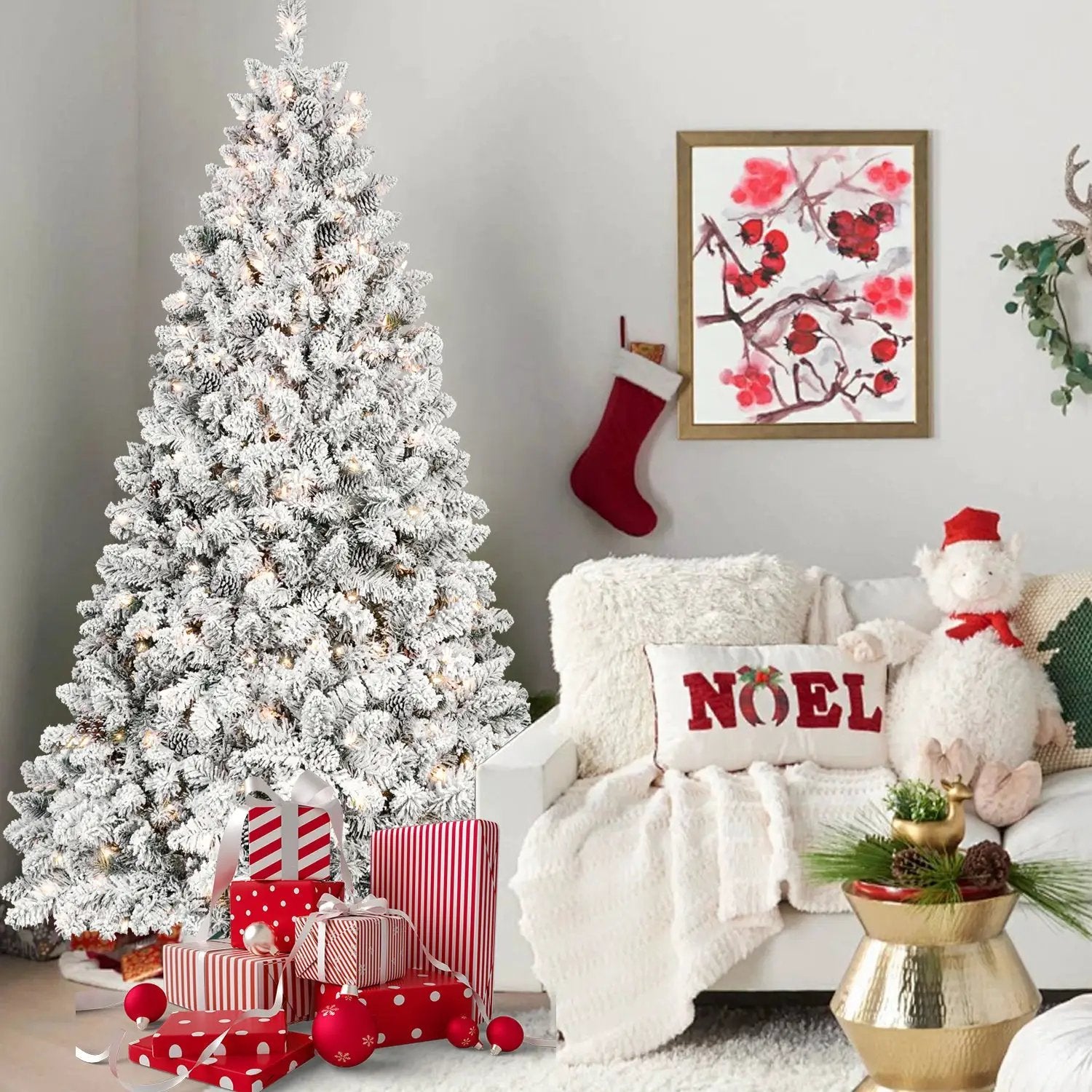 9FT Flocked Christmas Tree with 850 UL Lights and Pine Cones by HouseOfZazla