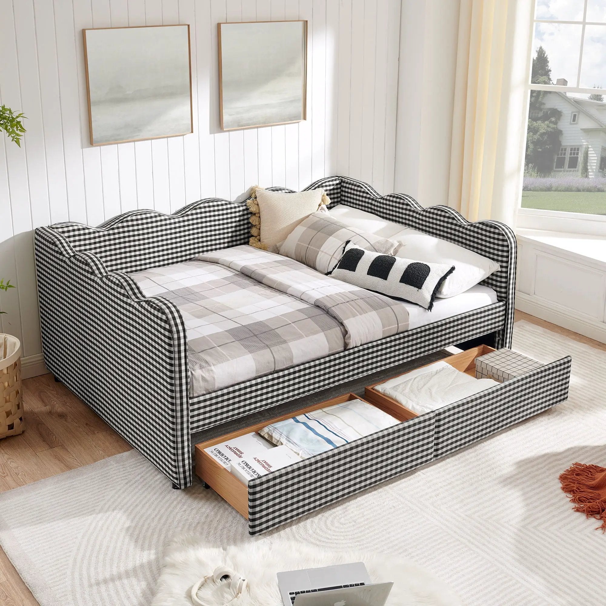 Gingham Daybed With USB Charging Port, Wave-Shaped Design by Unique Piece Furniture