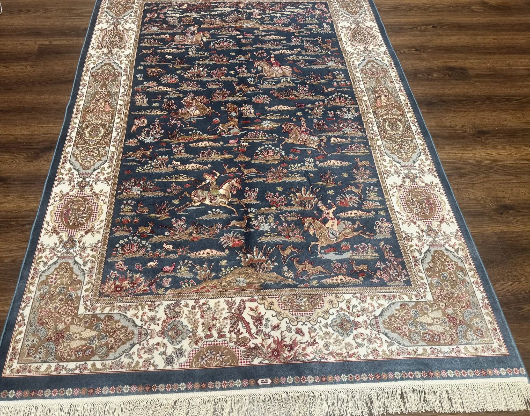 Turkish Silk Rug 5x8, Hunting Design, Animal Pictorials, Steel Blue & Ivory, Bamboo Silk by Jewel Rugs