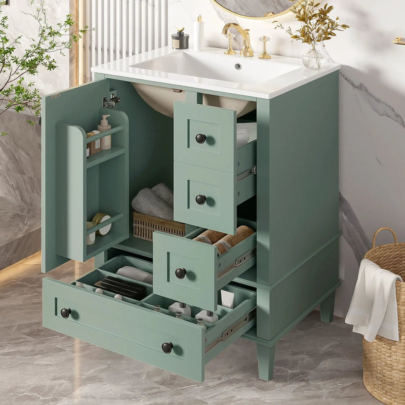 Bathroom Vanity With Integrated Basin, Soft Close Drawers, Door Mounted Double Layer Shelf by Unique Piece Furniture