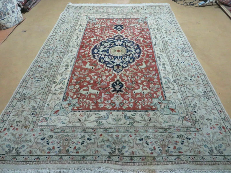 6' X 9' Vintage Handmade India Oriental Floral Wool Rug Hunting Bird Deer Nice by Jewel Rugs