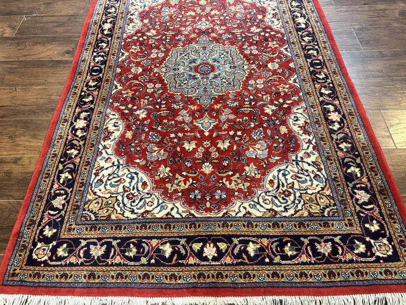 Persian Sarouk Rug 4x7, Red Navy Blue Vintage Wool Medallion Carpet by Jewel Rugs
