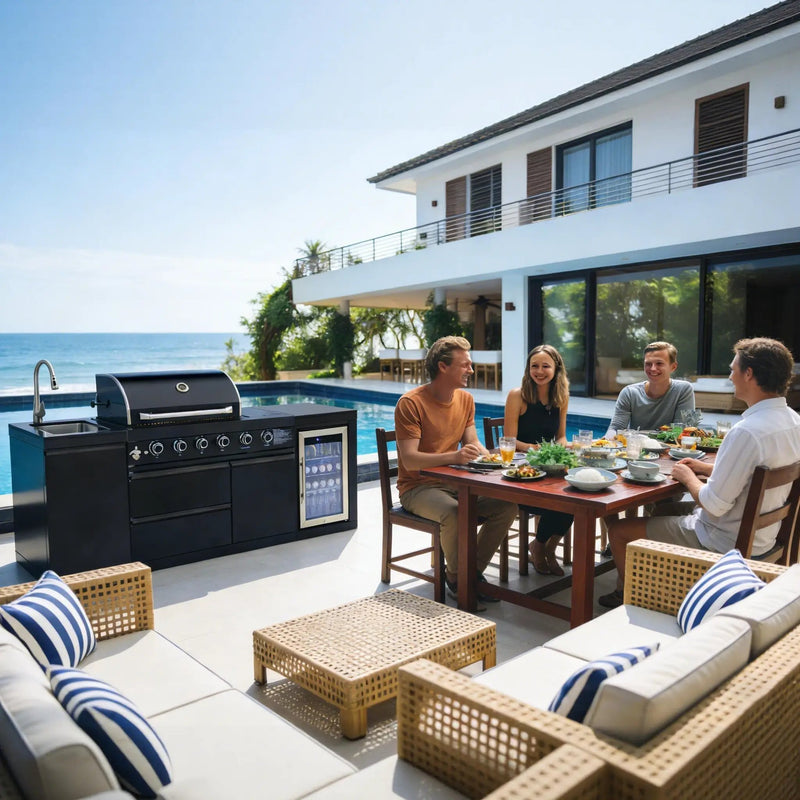 85.2" 4+1 Burner 71,500 BTU Black Outdoor Kitchen Island Grill+ Sink + Refrigerator by Chery Industrial