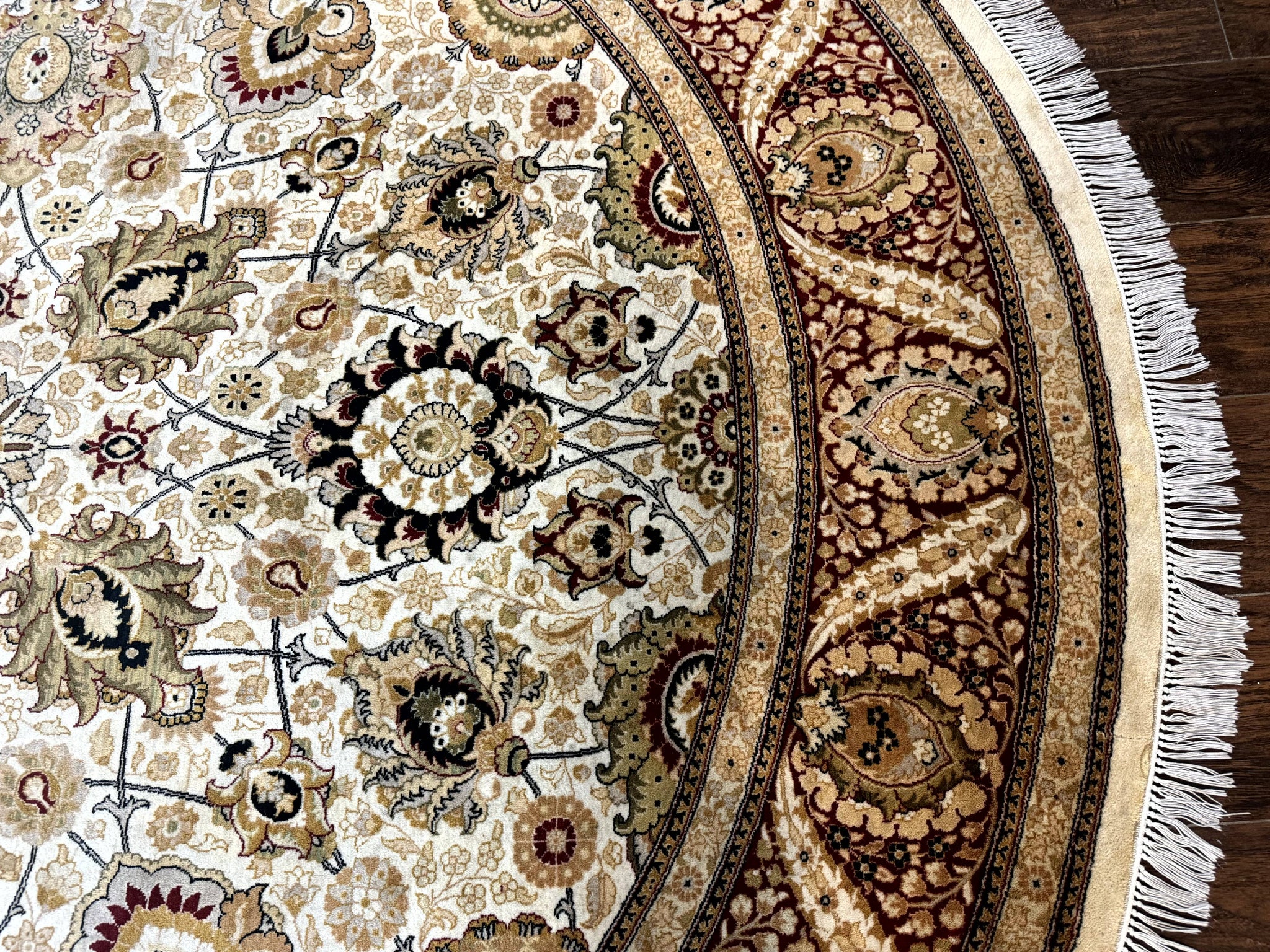 Round Pak Persian Rug 8x8, Vintage Handmade Wool Traditional Carpet, Beige Dark Red, Fine 270 KPSI by Jewel Rugs