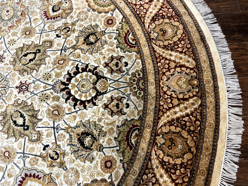Round Pak Persian Rug 8x8, Vintage Handmade Wool Traditional Carpet, Beige Dark Red, Fine 270 KPSI by Jewel Rugs