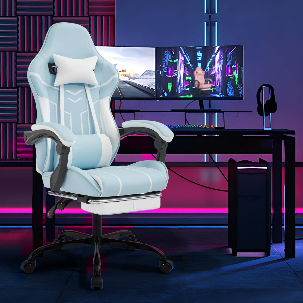 Ergonomic Gaming Chair with Footrest and Lumbar Support - Blue White, photo 6 of 10