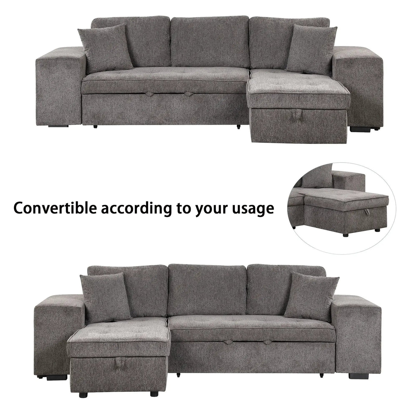Modern L-Shape 3 Seat Reversible Sectional Couch, Pull Out Sleeper Sofa With Storage Chaise And 2 Stools For Living Room Furniture Set by Unique Piece Furniture
