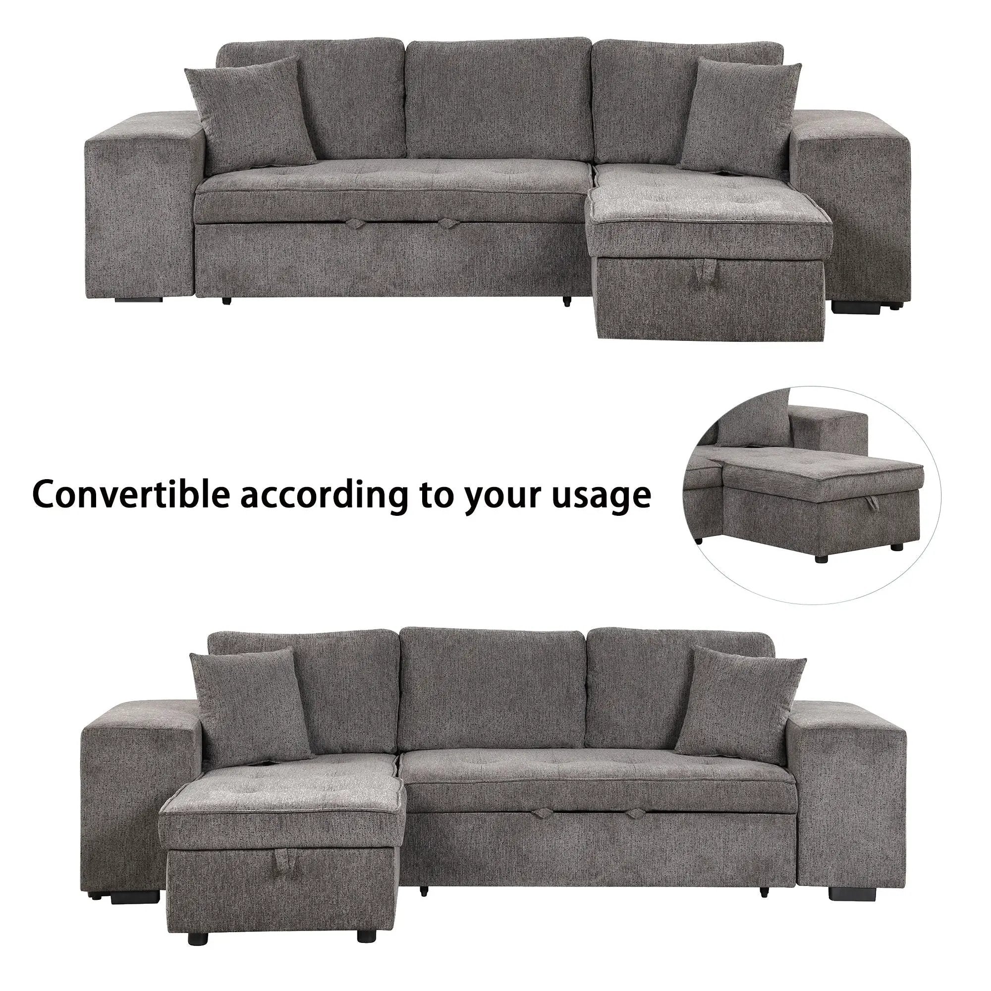 Modern L-Shape 3 Seat Reversible Sectional Couch, Pull Out Sleeper Sofa With Storage Chaise And 2 Stools For Living Room Furniture Set by Unique Piece Furniture