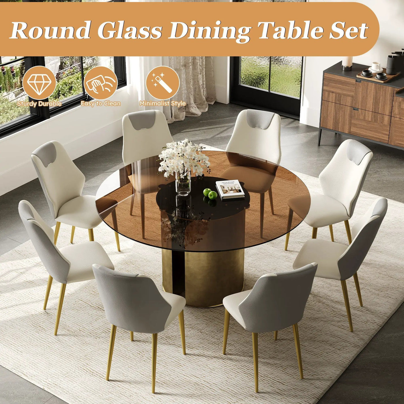 Modern Round Dining Table Set With Glass Top And Steel Legs by HouseOfZazla