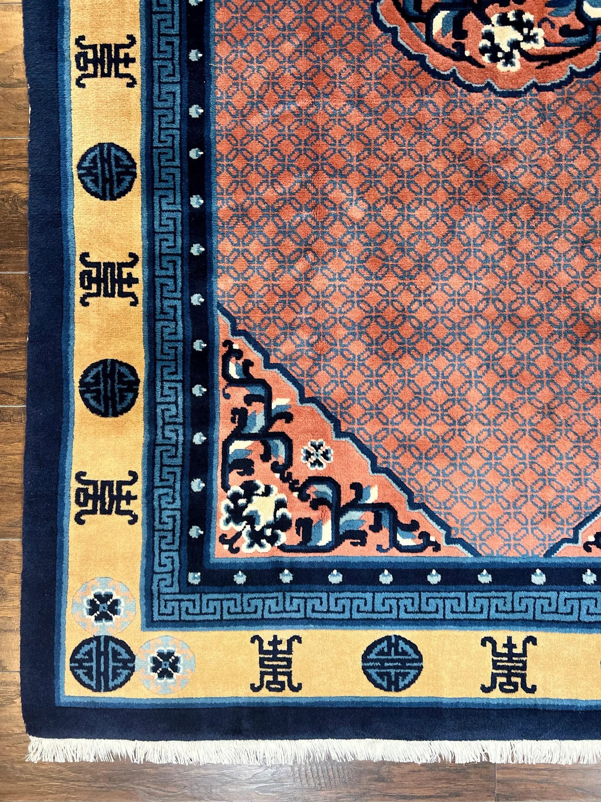 Chinese Peking Rug 5x8, Vintage Semi Antique Chinese Art Deco Carpet, Wool Pile Light Red/Salmon Gold Navy Blue, Handmade Asian Oriental Rug by Jewel Rugs