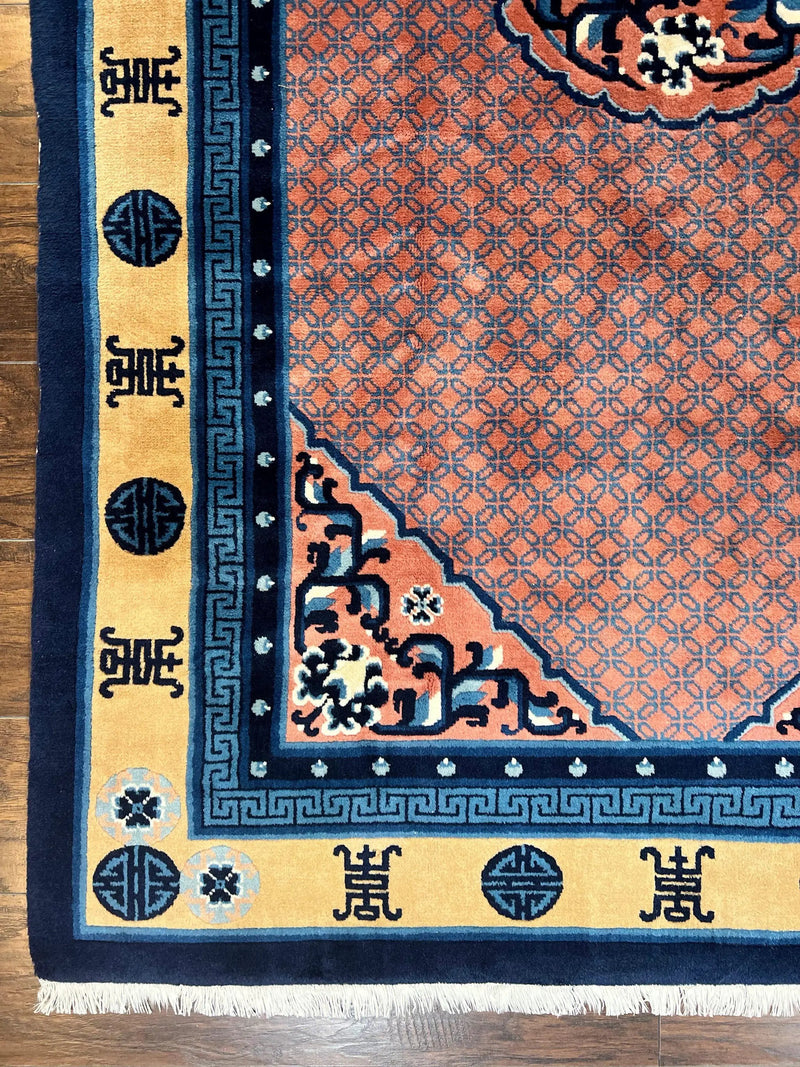 Chinese Peking Rug 5x8, Vintage Semi Antique Chinese Art Deco Carpet, Wool Pile Light Red/Salmon Gold Navy Blue, Handmade Asian Oriental Rug by Jewel Rugs