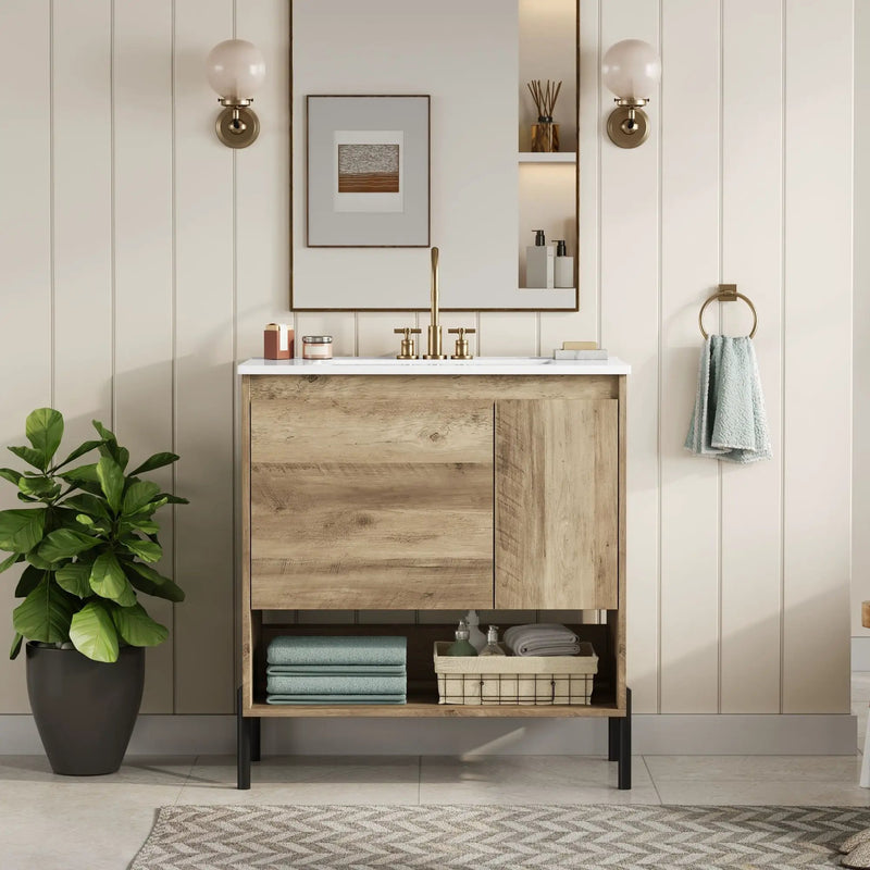 Bathroom Vanity Cabinet With Sink, Sliding Drawer, Soft Closing Door, Open Shelf - Natural Wood by Unique Piece Furniture