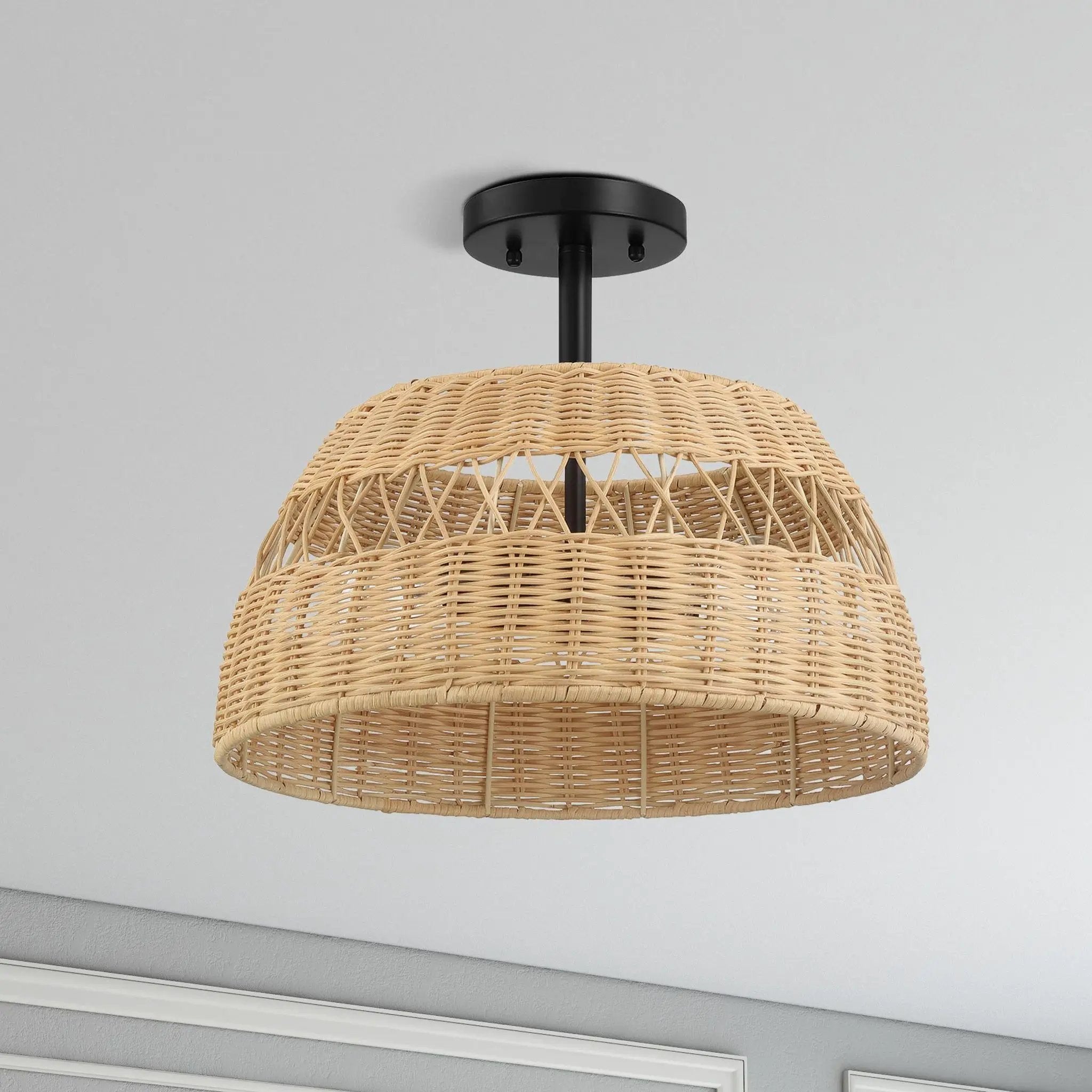 Twinkle - Double Lights Semi Flush With Shade - Black / Rattan by HouseOfZazla