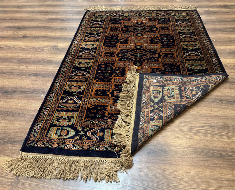 Vintage Afghan Rug 4x6, Navy Blue and Light Brown, Geometric Medallions, Wool on Wool, Tribal Rug by Jewel Rugs