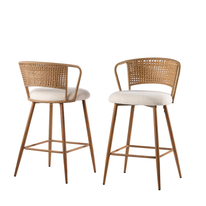 Modern Upholstered Bar Stools with Rattan Backrest Set of 2 - Metal Legs, photo 8 of 8