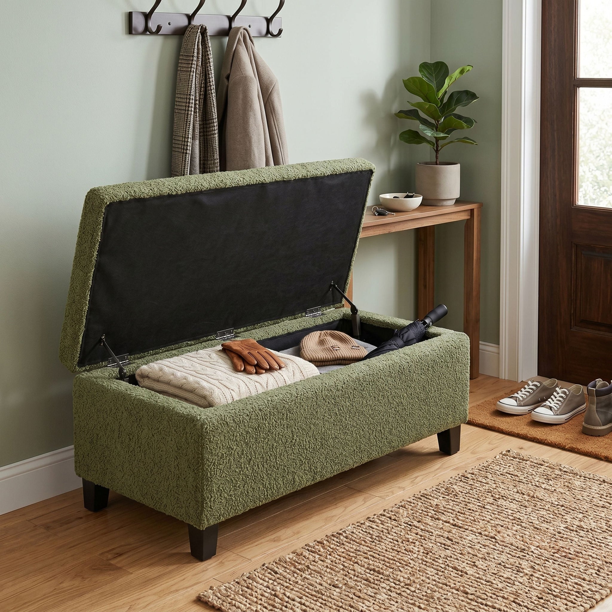 Storage Ottoman with Flip-Top Lid, Easy Assembly, Boucle Fabric & Rubber Wood Legs by HouseOfZazla