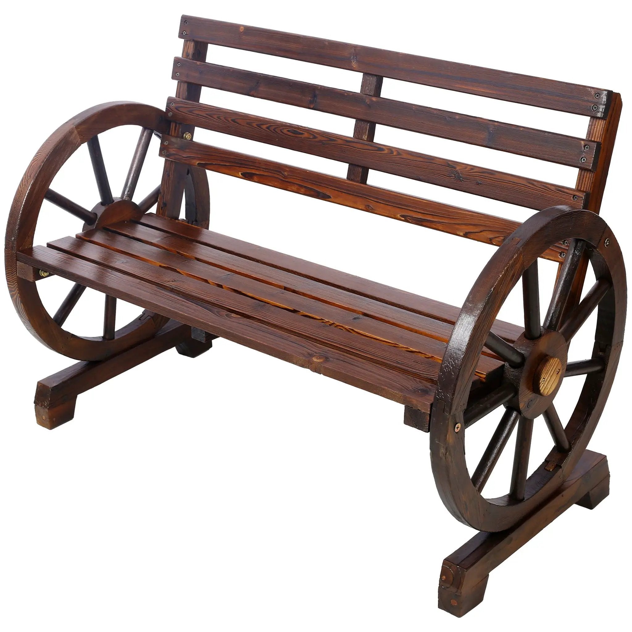 Rustic Country 2 Person Wooden Wagon Wheel Bench With Slatted Seat And Backrest - Brown by Unique Piece Furniture