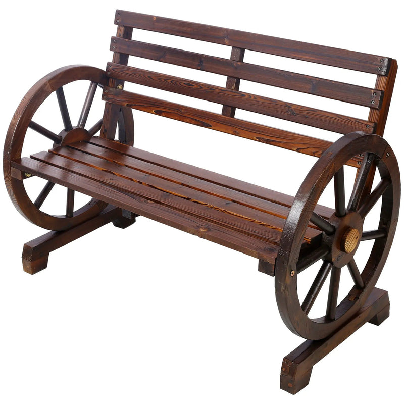 Rustic Country 2 Person Wooden Wagon Wheel Bench With Slatted Seat And Backrest - Brown by HouseOfZazla