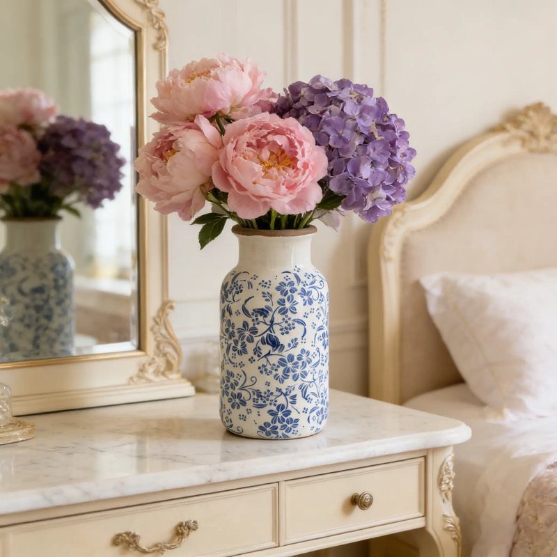 D5.7x12.5' Blue and White Ceramic Accent Vase with Traditional Floral Motifs by HouseOfZazla