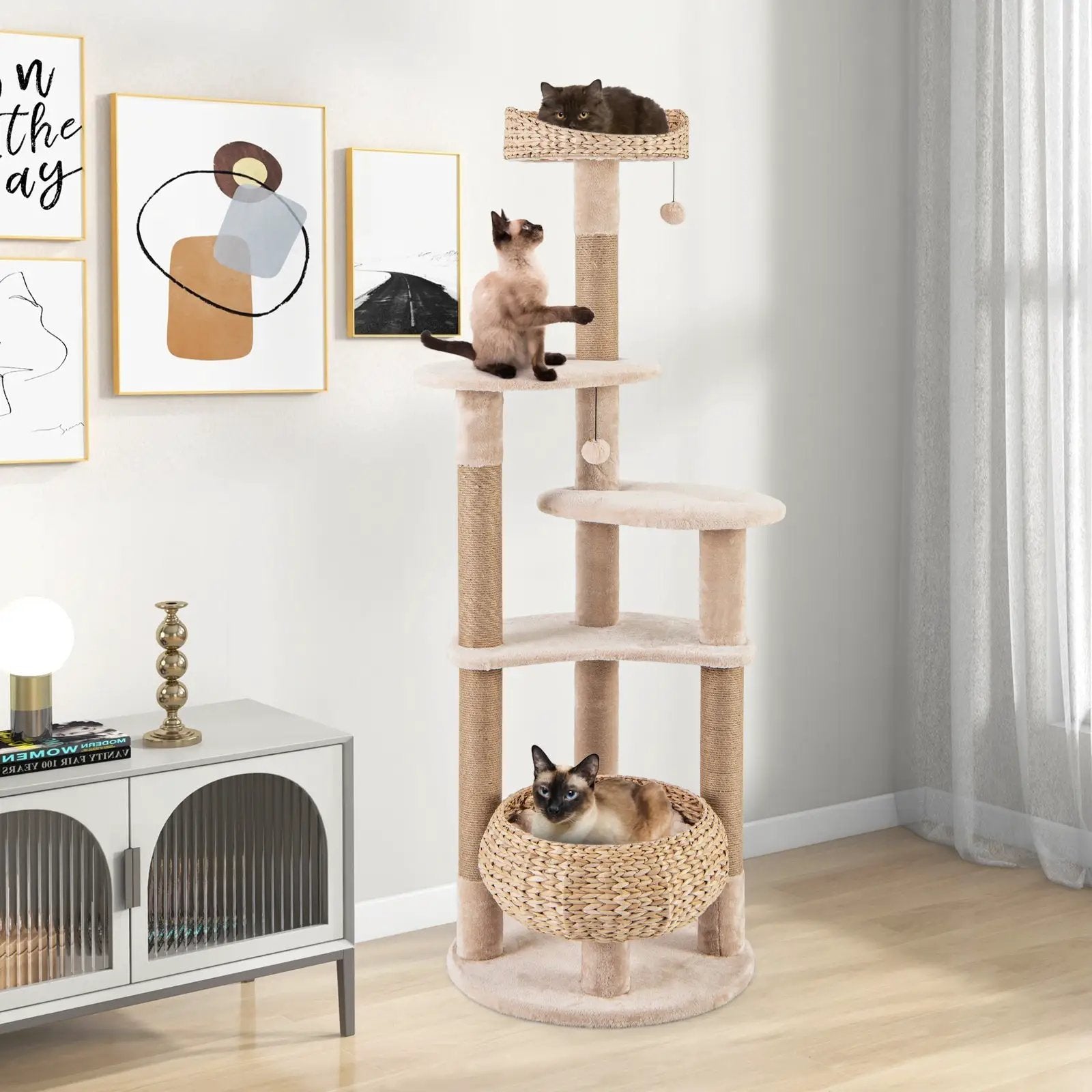 59 Inches Cat Tree with Perch and Soft Hammock for Indoor Cats-Beige by DirectDeals