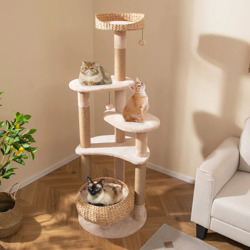 59 Inches Cat Tree with Perch and Soft Hammock for Indoor Cats-Beige by DirectDeals