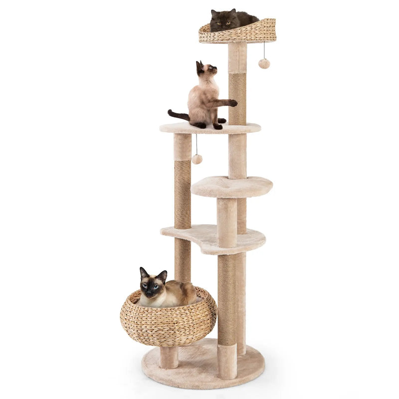 59 Inches Cat Tree with Perch and Soft Hammock for Indoor Cats-Beige by DirectDeals