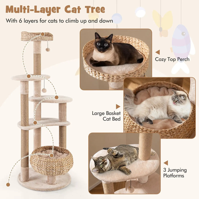 59 Inches Cat Tree with Perch and Soft Hammock for Indoor Cats-Beige by DirectDeals
