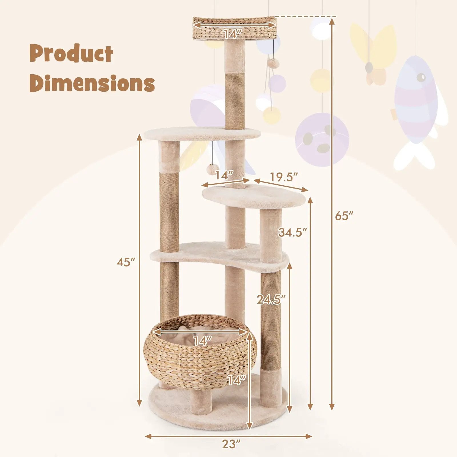 59 Inches Cat Tree with Perch and Soft Hammock for Indoor Cats-Beige by DirectDeals