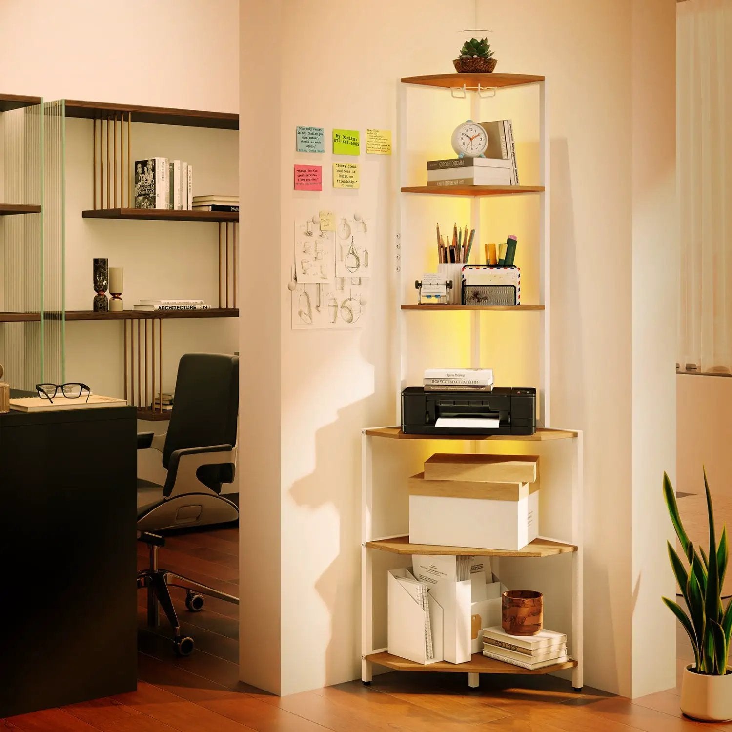 65 Inch 6-Tier Corner Shelf with Charging Station and Ambience Light by DirectDeals