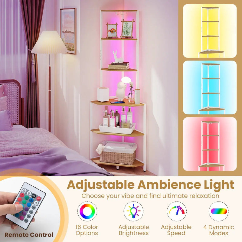 65 Inch 6-Tier Corner Shelf with Charging Station and Ambience Light by DirectDeals
