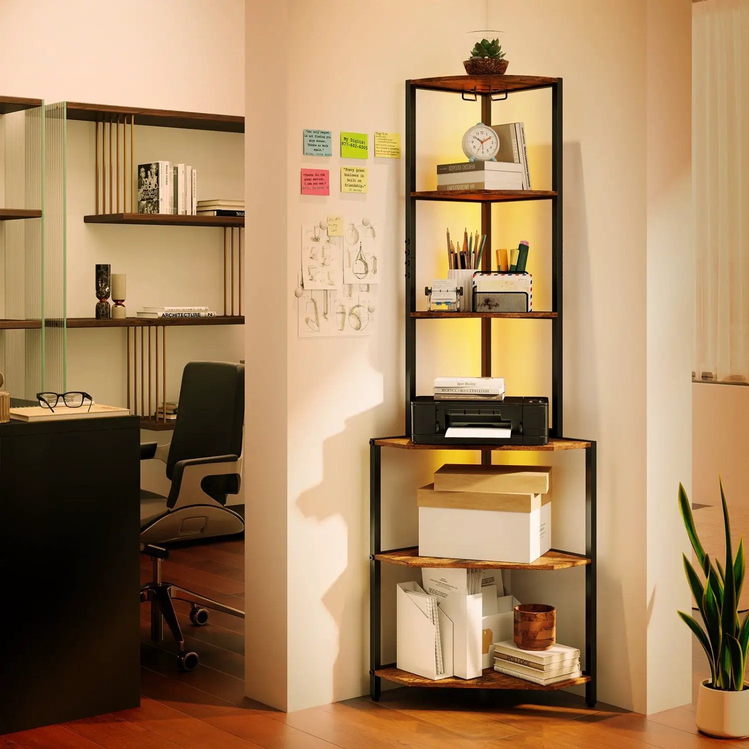 65 Inch 6-Tier Corner Shelf with Charging Station and Ambience Light by DirectDeals