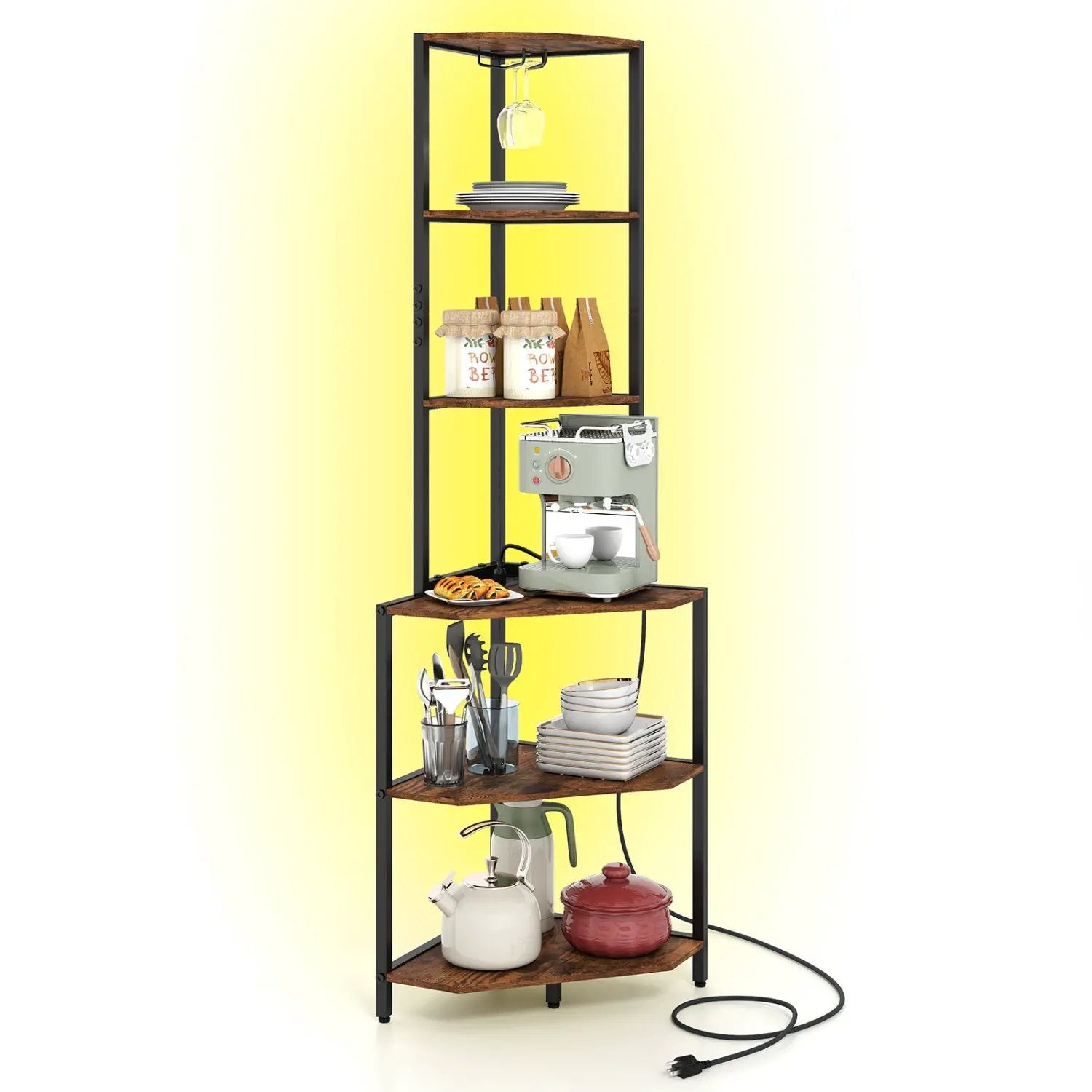 65 Inch 6-Tier Corner Shelf with Charging Station and Ambience Light by DirectDeals