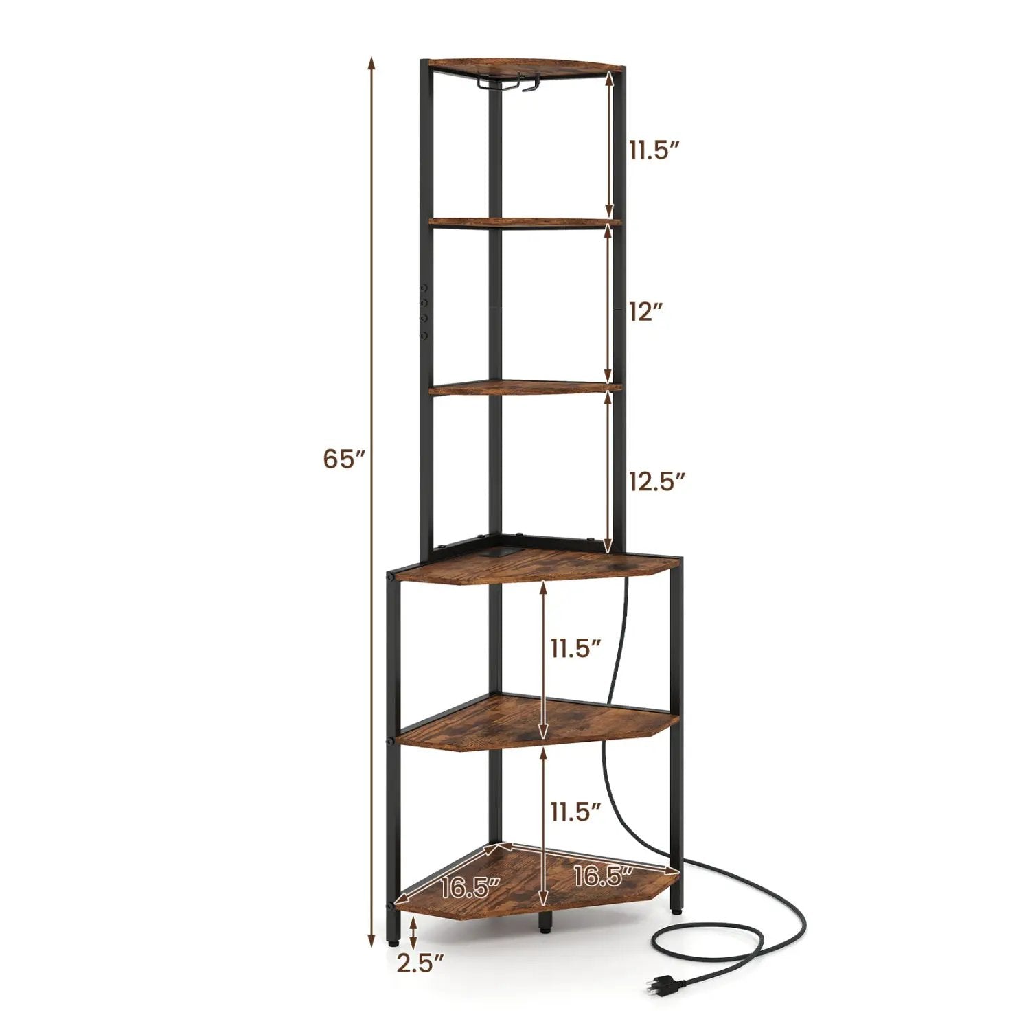 65 Inch 6-Tier Corner Shelf with Charging Station and Ambience Light by DirectDeals