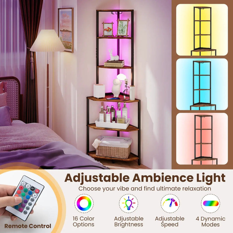 65 Inch 6-Tier Corner Shelf with Charging Station and Ambience Light by DirectDeals