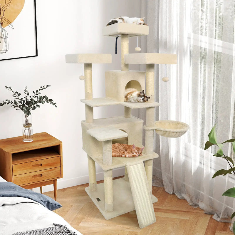 65 Inch Tall Multi-level Cat Tree with 3 Upholstered Perch and 2 Cat Condos by DirectDeals